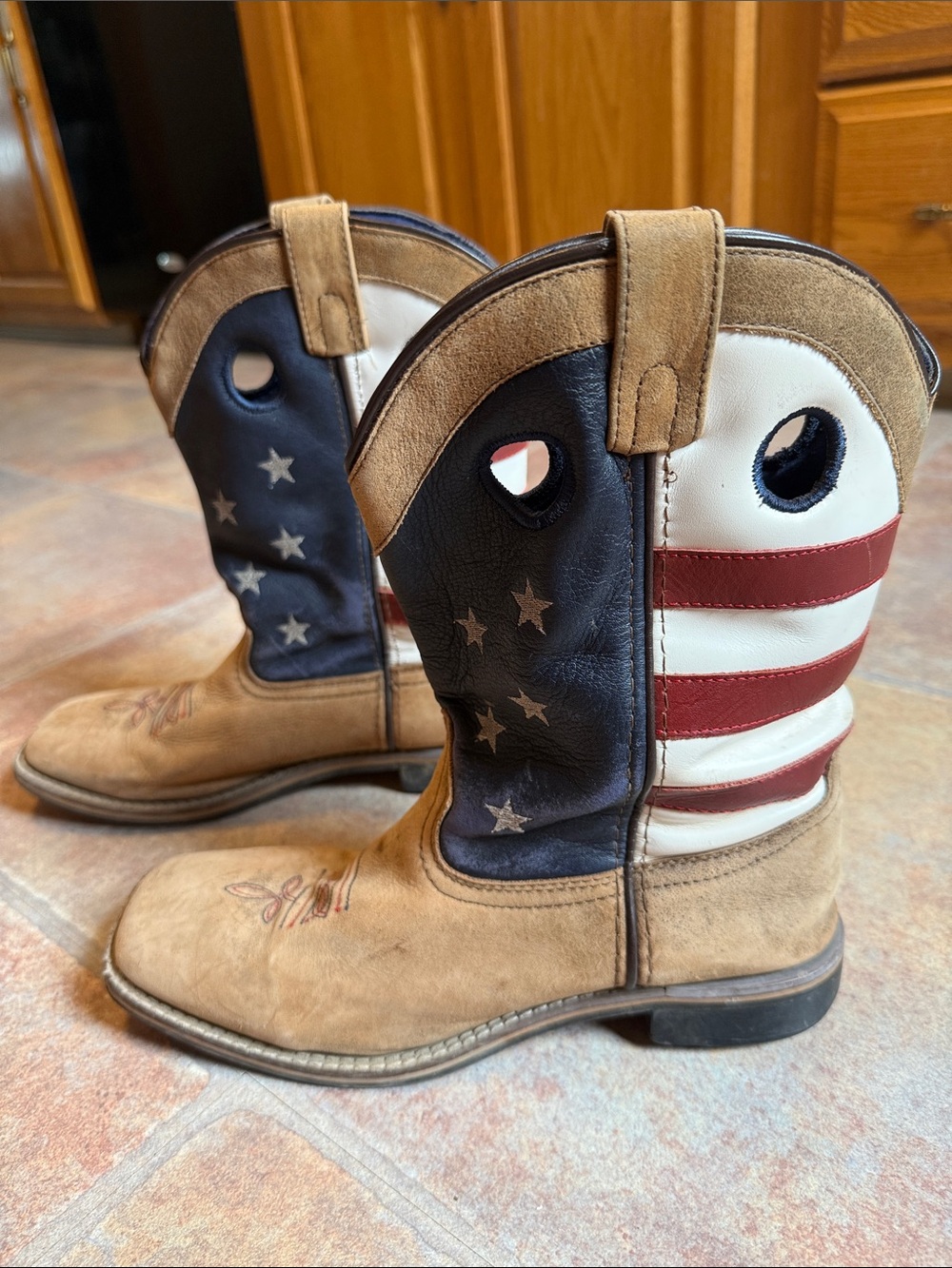 Men's Americana Flag Western Pull-On Boots - Tan, Red & Blue
